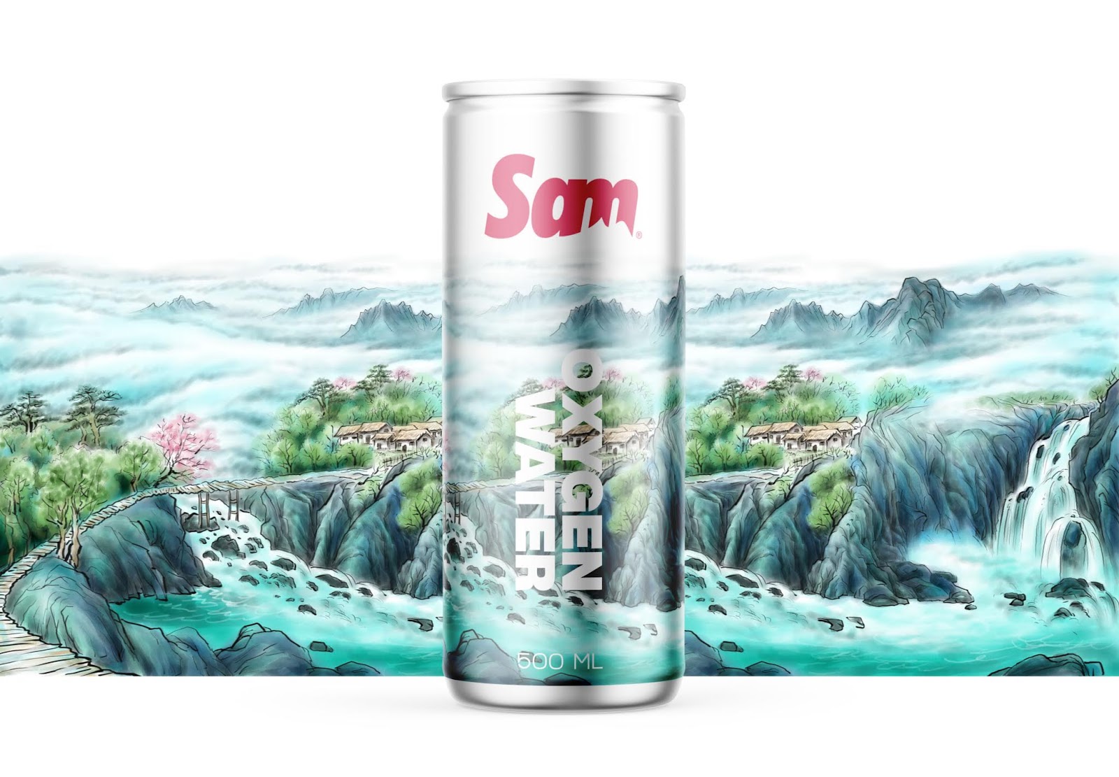 与山水画结合的氧气水包装带给你天然的感受